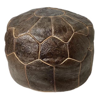 Vintage Moroccan Tooled Leather Pouffe Hassock Footstool For Sale