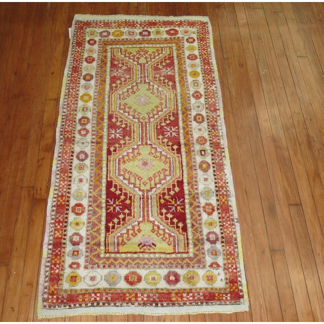 Contemporary Bright Red Green Vintage Turkish Anatolian Throw Rug For Sale - Image 3 of 5