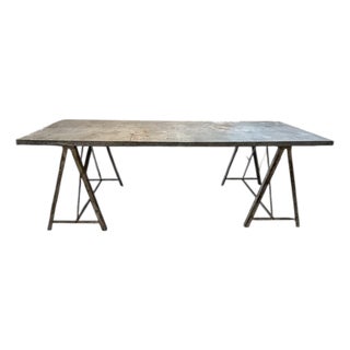 Vintage Industrial Zinc Top 8’ Long Florist’s Metal Trestle Table For Sale