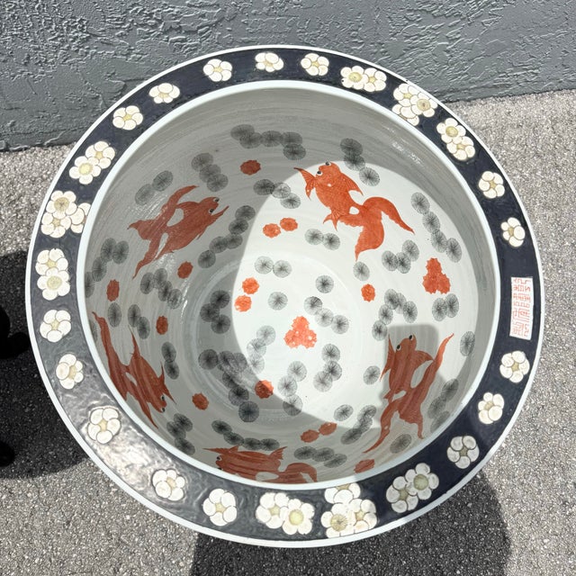 Vintage Chinese Hand Painted Floor Vases/Fish Bowls on Wooden Stands - A Pair For Sale In West Palm - Image 6 of 9