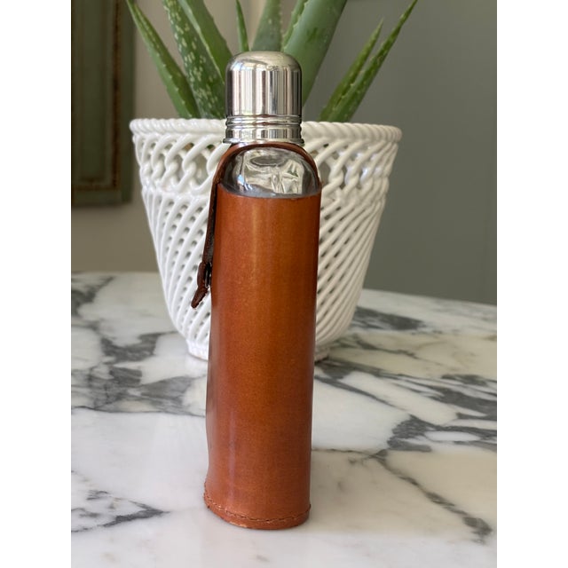 Metal Vintage English Cognac Leather & Glass Hip Flask With Dinking Cup For Sale - Image 7 of 11