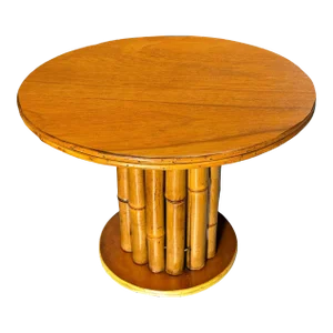 Restored Rattan & Mahogany Round Pedestal Side Table