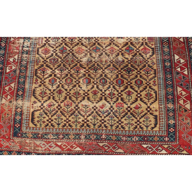 Textile Early 20th Century Antique Shirvan Prayer Design Rug in Yellow Background and Geometric Borders For Sale - Image 7 of 11