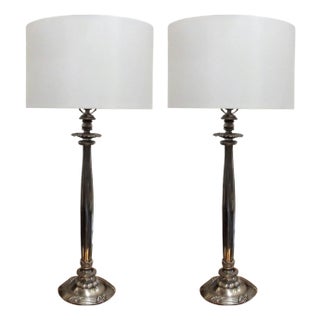 Mid 20th Century Chic Silvered Cast Bronze Fluted Column Table Lamps - a Pair For Sale
