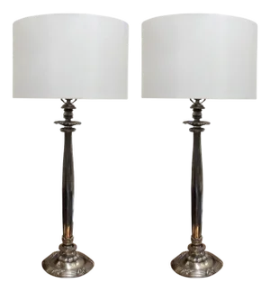 Mid 20th Century Chic Silvered Cast Bronze Fluted Column Table Lamps - a Pair