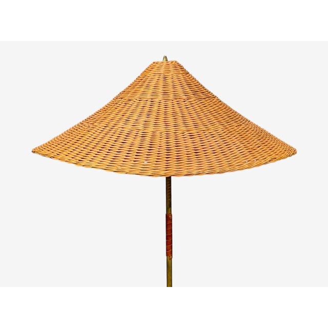 1950s V. Soini Oy, Rare Floor Lamp, Brass, Leather, Rattan, Finland, 1950s For Sale - Image 5 of 13