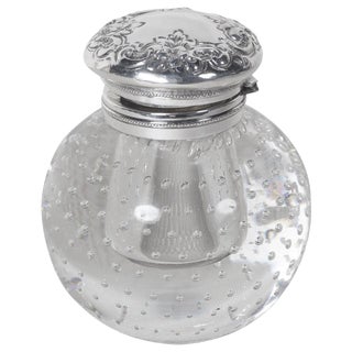 Pairpoint Crystal Inkwell With Bubble Motif and Sterling Silver Hinged Cover For Sale