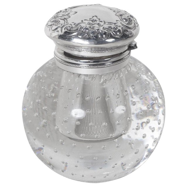 Pairpoint Crystal Inkwell With Bubble Motif and Sterling Silver Hinged Cover For Sale