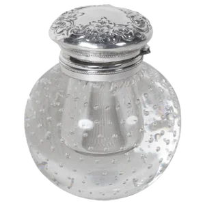 Pairpoint Crystal Inkwell With Bubble Motif and Sterling Silver Hinged Cover