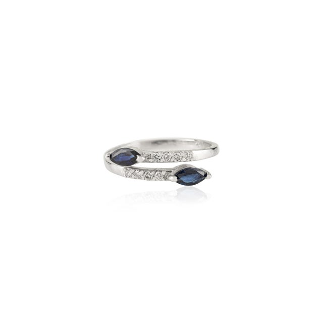 Modern Modern Marquise Blue Sapphire and Diamond Bypass Ring Size 5.5 in 14k White Gold For Sale - Image 3 of 14