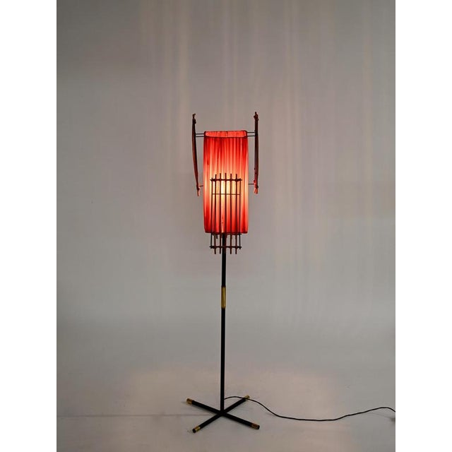 Italian Floor Lamp in Metal, Rattan, Brass and Red Acrylic attributed to Dal Vera, 1950s For Sale - Image 9 of 17