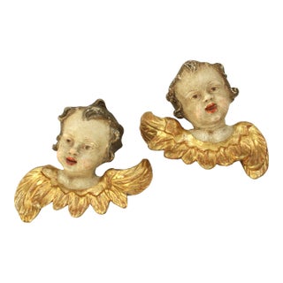 18th C. Made in Italy Renaissance Carved Polychromed Giltwood Cherub's S/2 For Sale