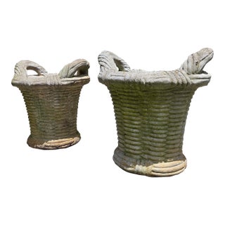 Vintage Cast Stone Concrete Cement Woven Basket Garden Planters- A Pair For Sale