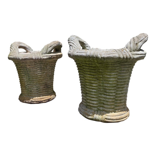 Vintage Cast Stone Concrete Cement Woven Basket Garden Planters- A Pair For Sale