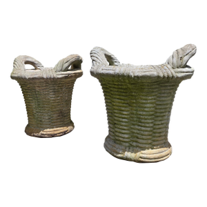 Vintage Cast Stone Concrete Cement Woven Basket Garden Planters- A Pair