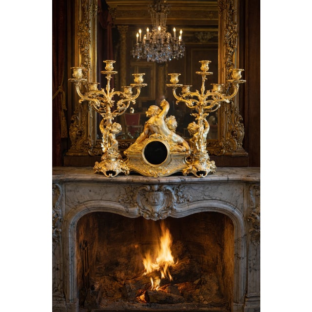 Metal 1860 French Louis XV Gilt Ormolu Clock Set – 3 Pieces For Sale - Image 7 of 17