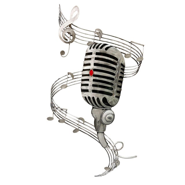 This striking Artisan House metal wall sculpture features a beautifully detailed mid-century style vintage microphone...