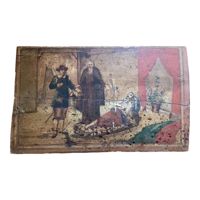 Antique 18th Century European Oil Painting on Wood – Warriors & Clergy Scene, 20” × 12” For Sale