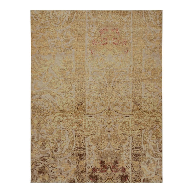 Rug & Kilim’s Distressed European Rug in Beige-Brown & Gold Floral Pattern For Sale