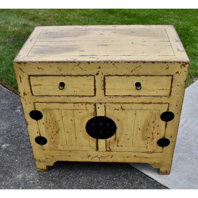 Chinese Wood Painted Cabinet Ming Style Distressed Yellow For Sale - Image 10 of 16