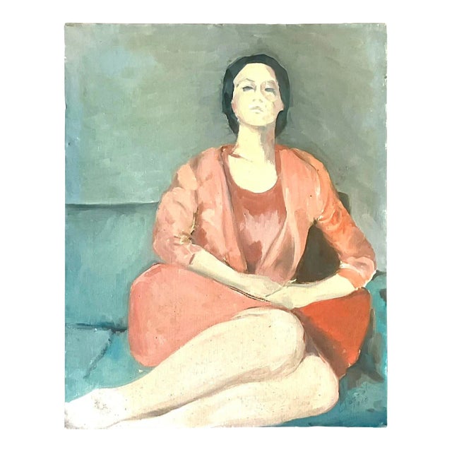 Vintage Italian Signed Modernist Woman Portrait Oil Painting For Sale