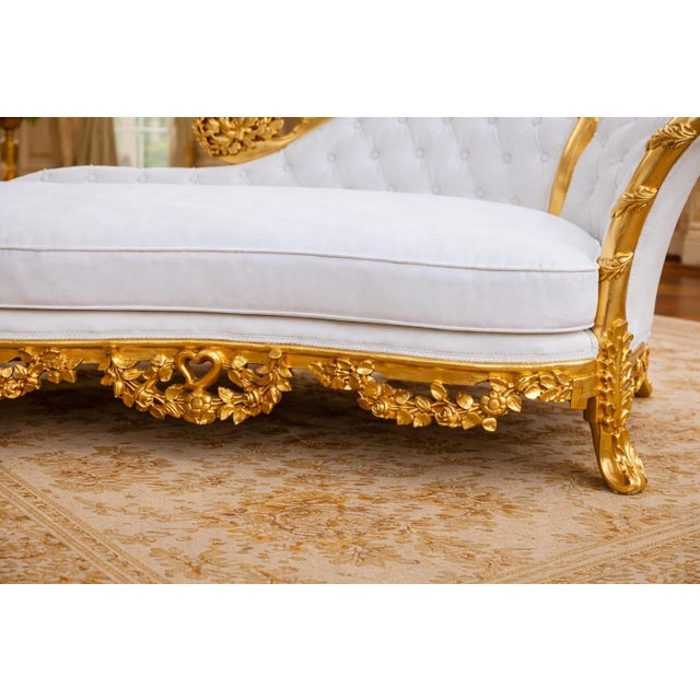 1970s 1970s Artisan Louis XVI Gold Beech White Leather Chaise-1 Pc For Sale - Image 5 of 9