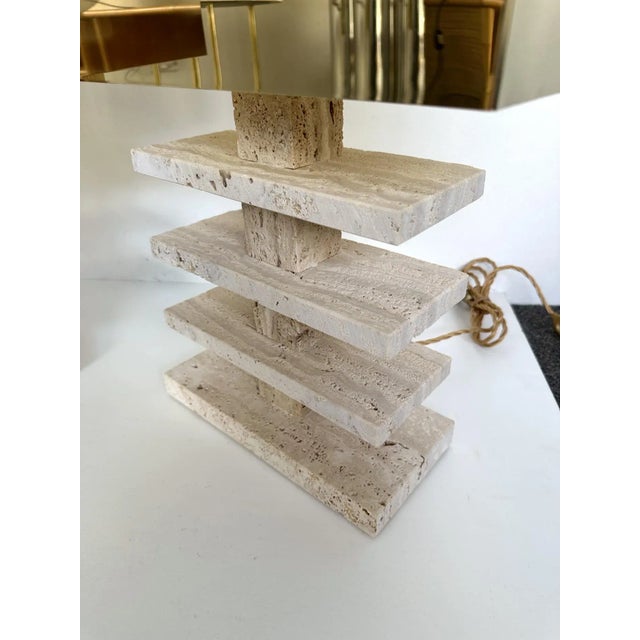 Contemporary Pair of Travertine Blade Lamps and Brass Shades. Italy For Sale - Image 4 of 11