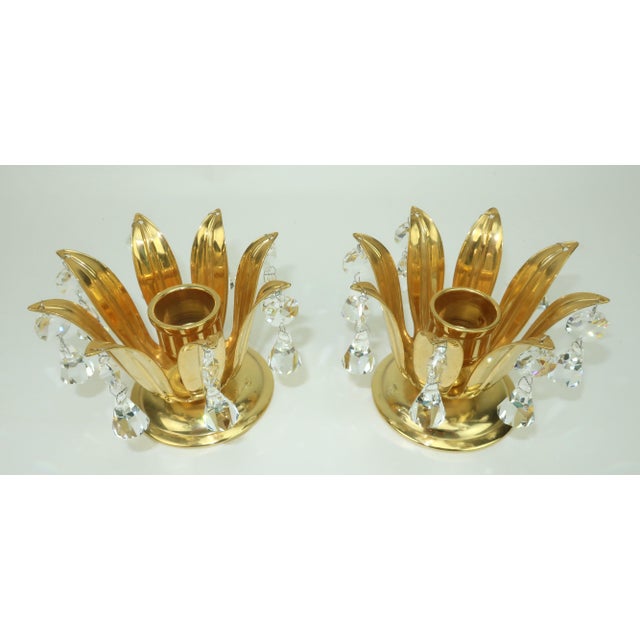 Pair of 1980's gold plated candle holders by Lycenta of Sweden accented with Austrian crystal drops. Beautifully made with...