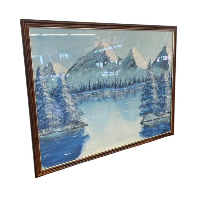 1970s Vintage Framed Snow-Capped Mountain Lake Landscape Painting, Signed, Blue Tonal Scenic Wall Art.. For Sale - Image 5 of 9