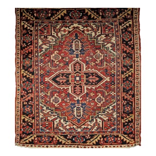 Vintage Heriz Serapi Rug, Hand-Knotted Wool, Geometric Pattern, Brick-Red & Ivory, 4x4 For Sale