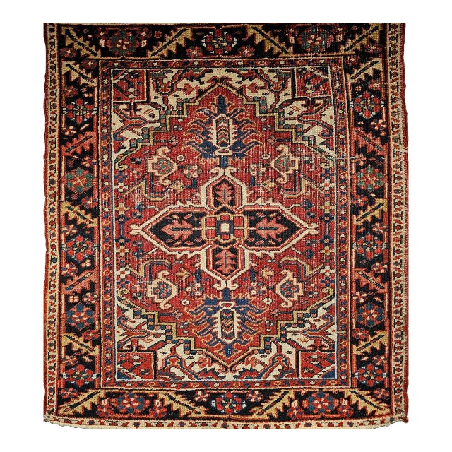 Vintage Persian Heriz Serapi Rug, Hand-Knotted Wool, Geometric Pattern, Brick-Red & Ivory, 4x4 For Sale