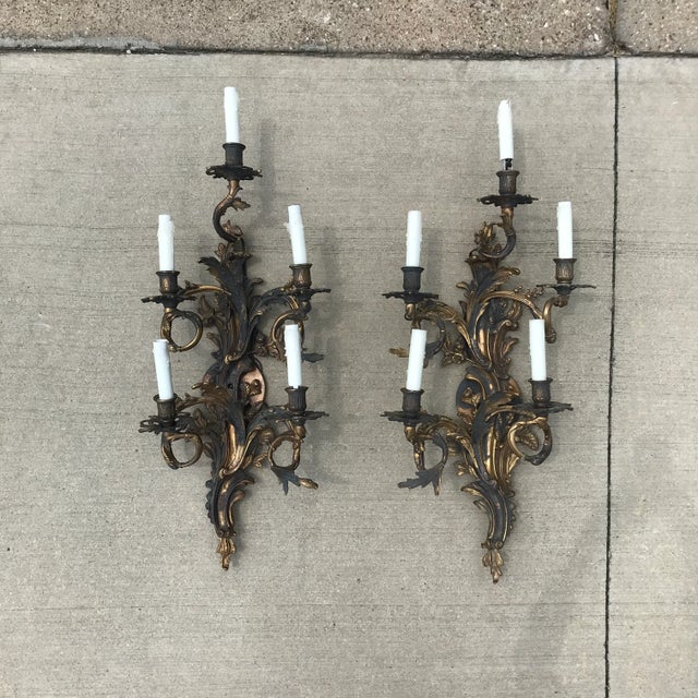 Bronze 19th Century French Louis XV Style Five-Arm Wall Sconces - a Pair For Sale - Image 8 of 13