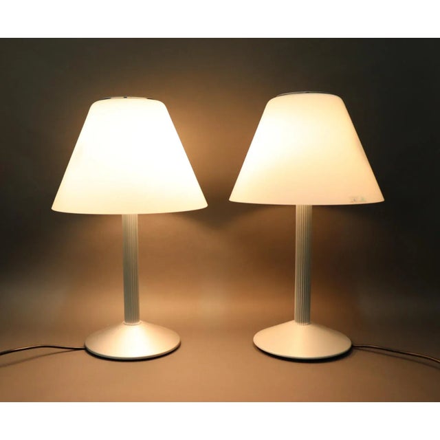 A Pair of Carlo Nason Table Lamp White Murano Hand Blown Glass "Incamiciato" Milky White Diffuser, Satin Finish and White...