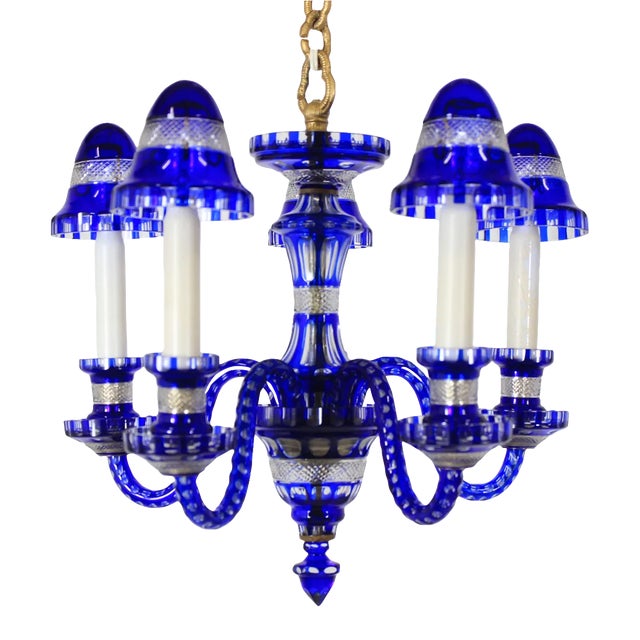 Czechoslovakian Blue Glass Chandelier, 1940s For Sale