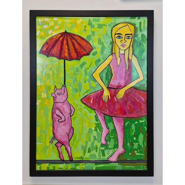 This original contemporary artwork has a bold green background with bright pinks and yellows. It is framed in a mat black...