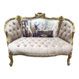 1970s French Louis XVI Tan Velvet Gilt Beech Settee – 1 Pc For Sale