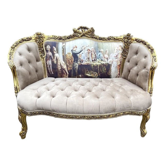 1970s French Louis XVI Tan Velvet Gilt Beech Settee – 1 Pc For Sale