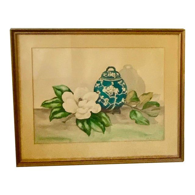 1952 Floral Still Life Watercolor by Nita Bradley – Magnolia & Blue Vase, Framed For Sale