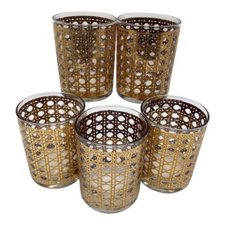 Vintage Culver Cannella 22k Gold Overlay Pattern Lowball Rocks Glasses - Set of 5 For Sale