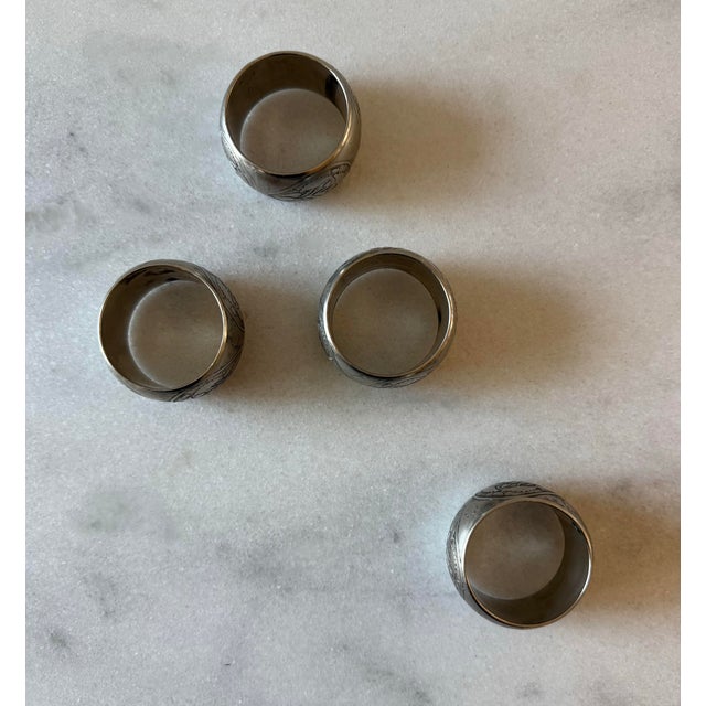 Metal Set of 4 Engraved Silver Metal Napkin Rings For Sale - Image 7 of 7