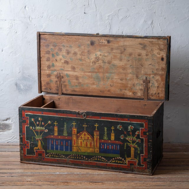 Wood Romanian Painted Blanket Chest With Church Motif, c.1900 For Sale - Image 7 of 14