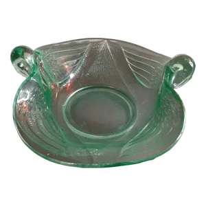 1950s Vintage Uranium Glass Dual Handle Etched Decorative Bowl