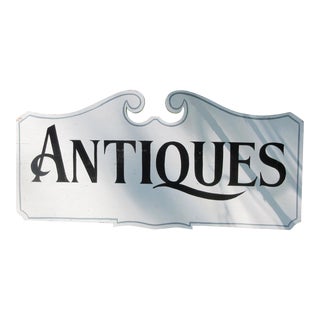 1960s Antiques Sign Double Sided on Wood Hand Painted Black & White 27x13 Hang or Wall Mount For Sale
