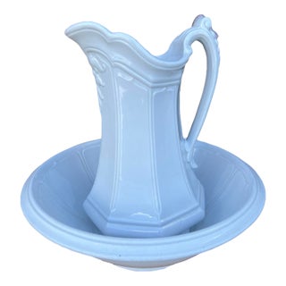 Antique Staffordshire White Ironstone Girard Shape Pitcher & Bowl Set, Circa 1840s For Sale