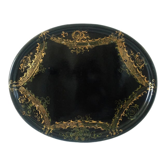 Mid 19th Century Antique Black Mother of Pearl Inlay Papier Mache Tray For Sale
