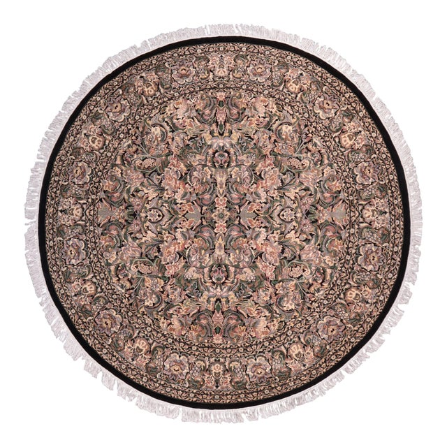 Shabby Chic 1990's Floral Pak-Persian Black/Gray Wool Round Rug- 7'11'' X 8'0'' For Sale