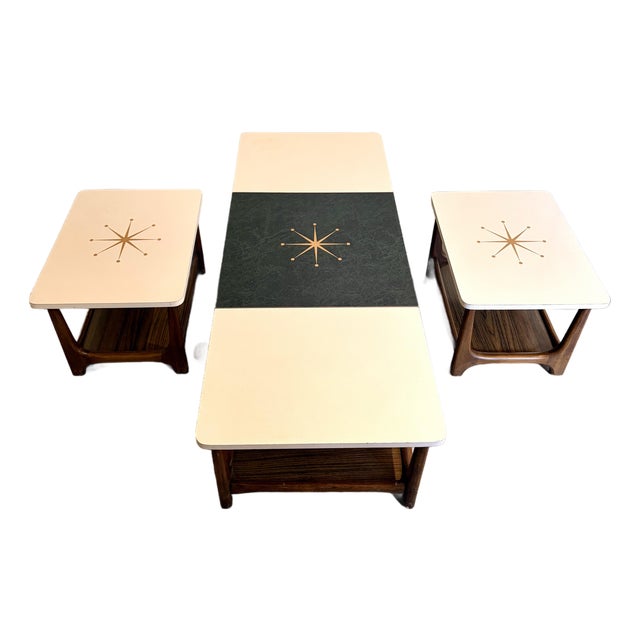 Atomic Mid-Century Modern Starburst Coffee Table & End Tables – 3 Piece Set For Sale