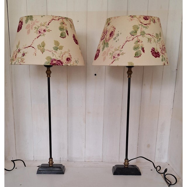 Vintage Table Lamps with Black Metal Base and Beige Patterned Fabric Shade, 2000s, Set of 2, in Very Good conditions....