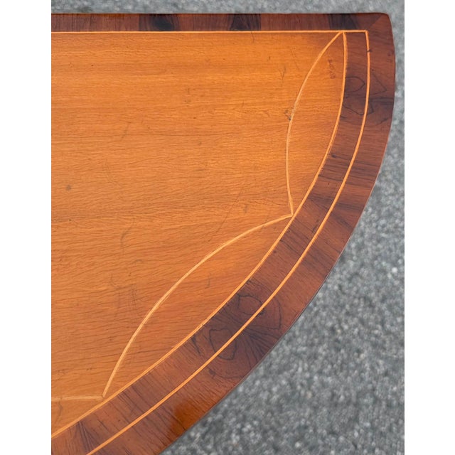 Wood Pair of American Federal Revival Mahogany Demilune Console Tables With Satinwood Fan Inlay and Stringing, Mid-20th Century For Sale - Image 7 of 12
