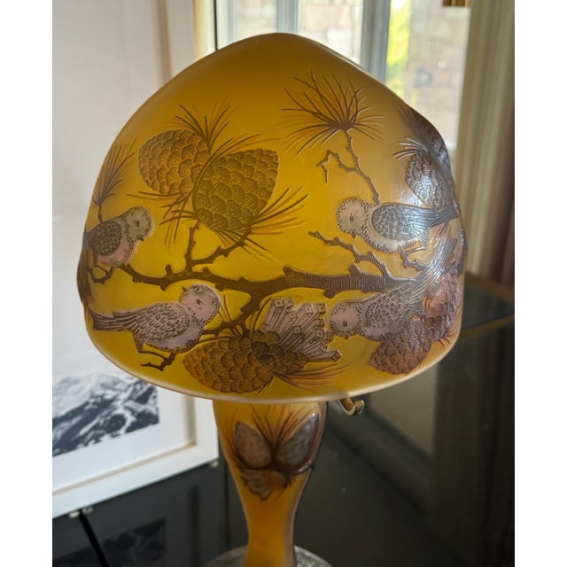 Daum Nancy Late 20th Century Daum Nancy Embossed Golden Brown Art Glass Table Lamp Acorn & Bird Design 19x10” For Sale - Image 4 of 11